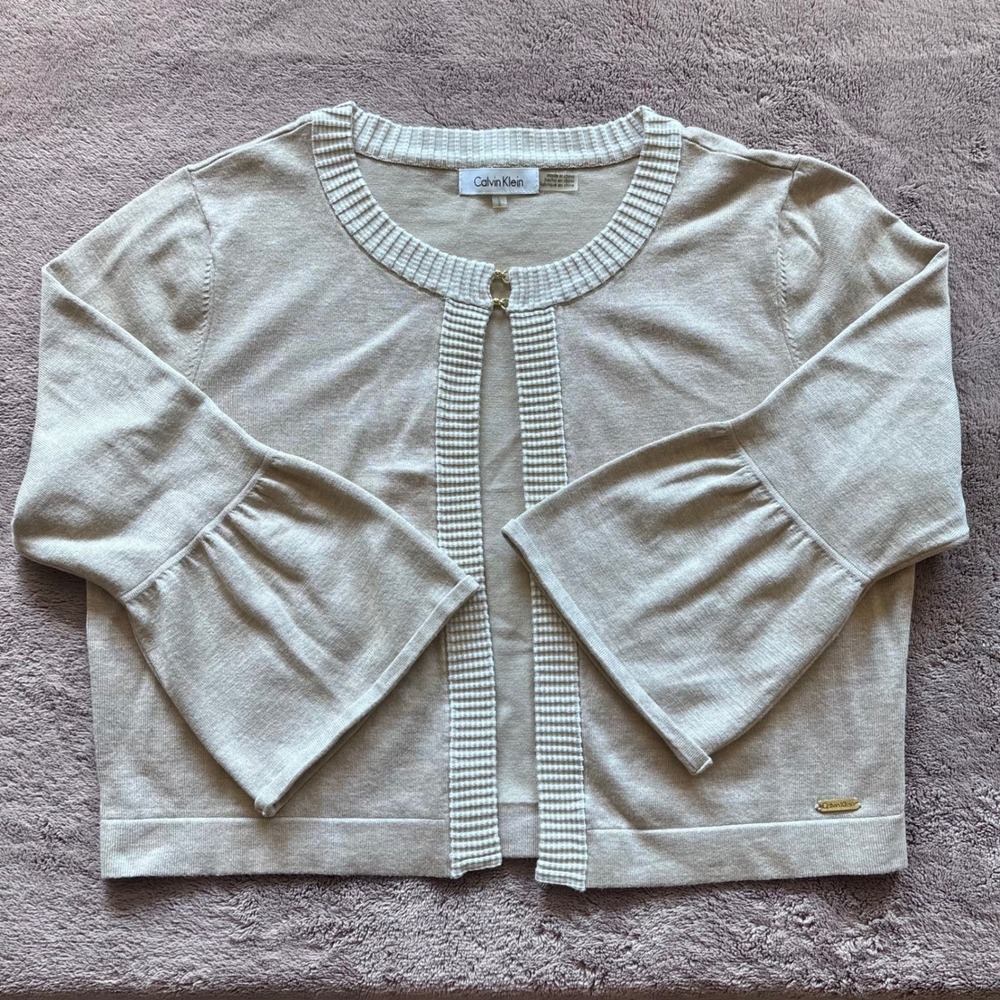 Calvin Klein Womens Beige Bell Sleeve Cropped Cardigan Sweater Size Large